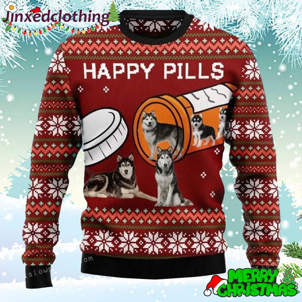 Merry Christmas Siberian Husky Happy Pills Ugly Sweater 